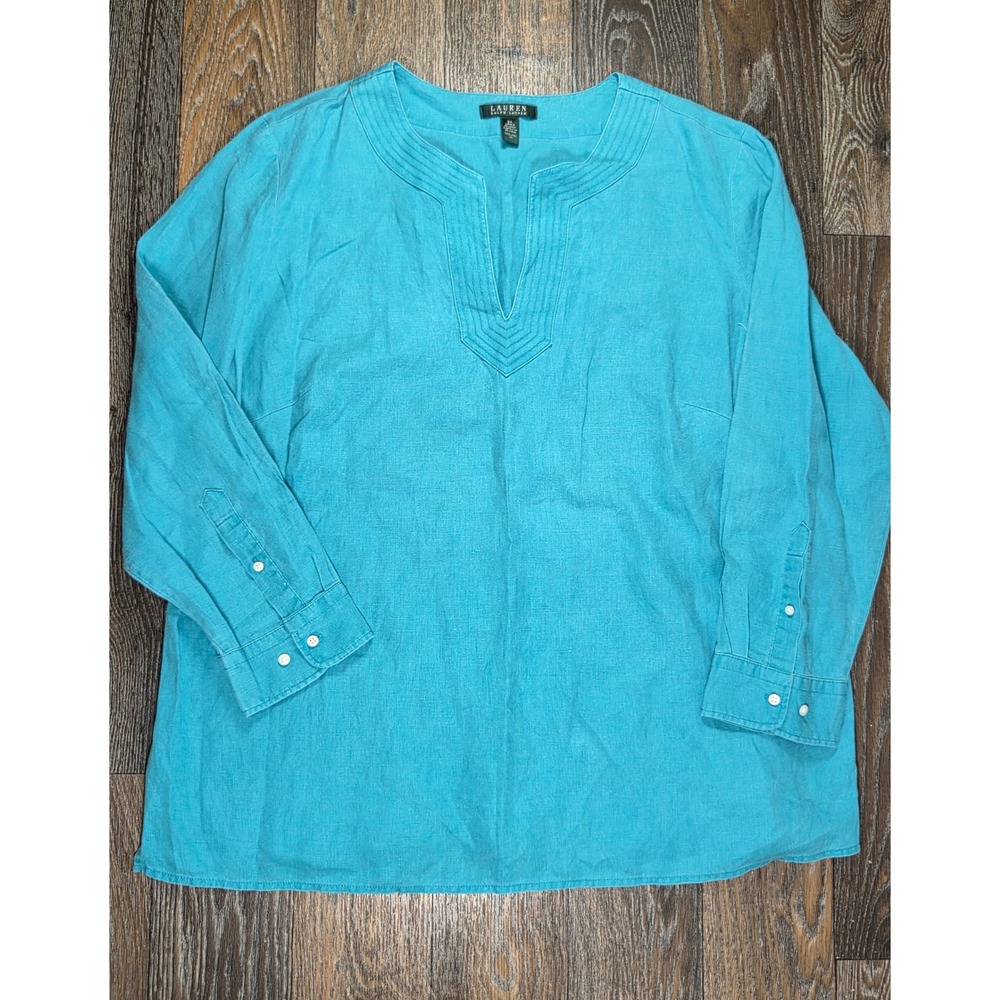 Lauren Ralph Lauren Turquoise Blue 100% Linen Split Neck Roll Tab Tunic Top 2X